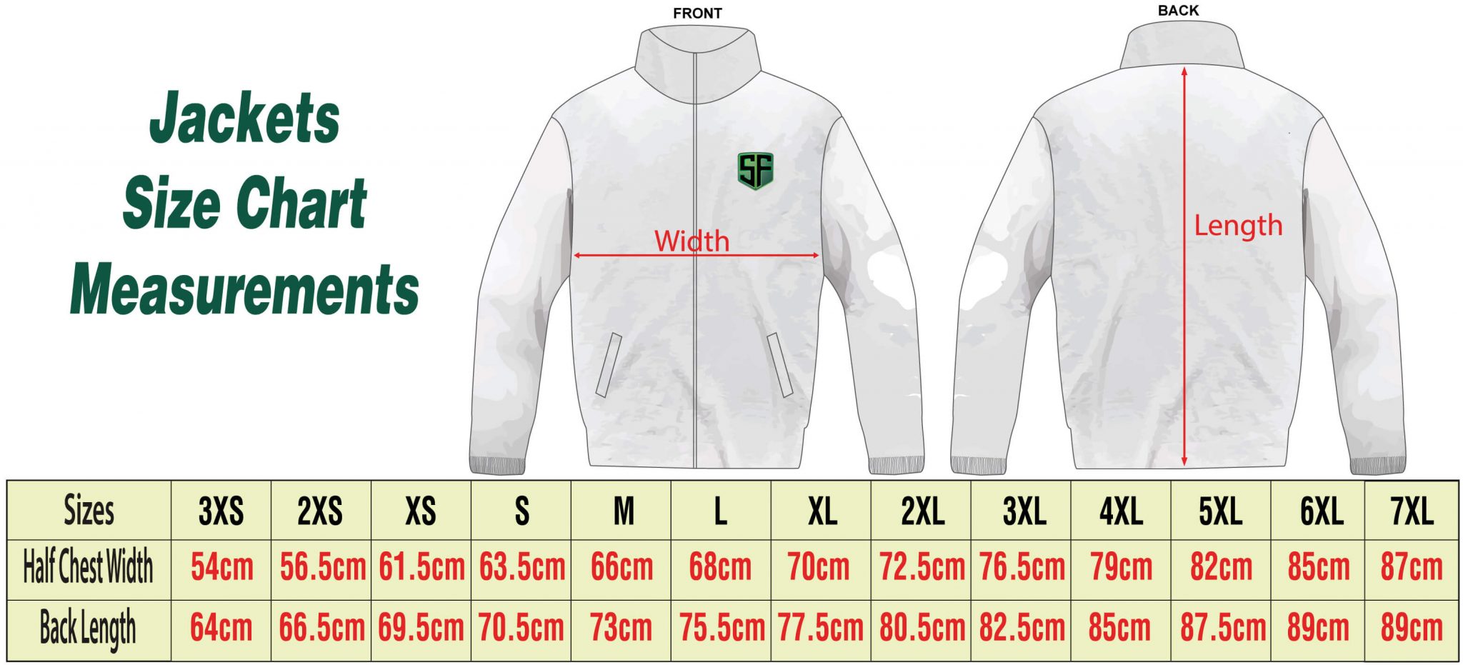 Jackets Size Chart Measurements